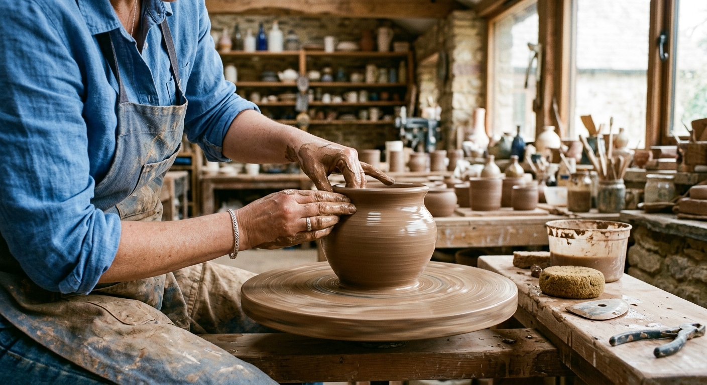 Hands shaping a clay pot on a pottery wheel